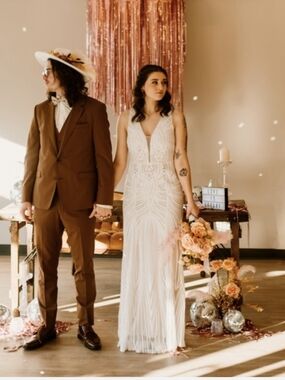 Lulus Wedding Dress Sequen Plunge Neck Splendorous Love Size XS Vintage Inspired